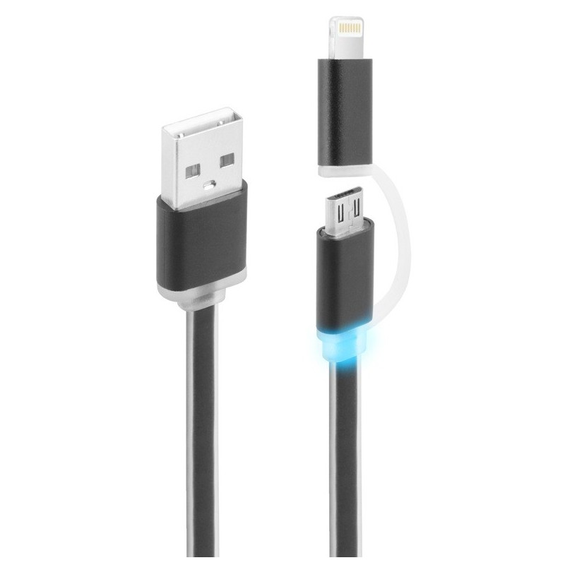 Câble plat CLiPtec LUMILUX 2 en 1 USB vers Micro-USB/Lightning / Noir