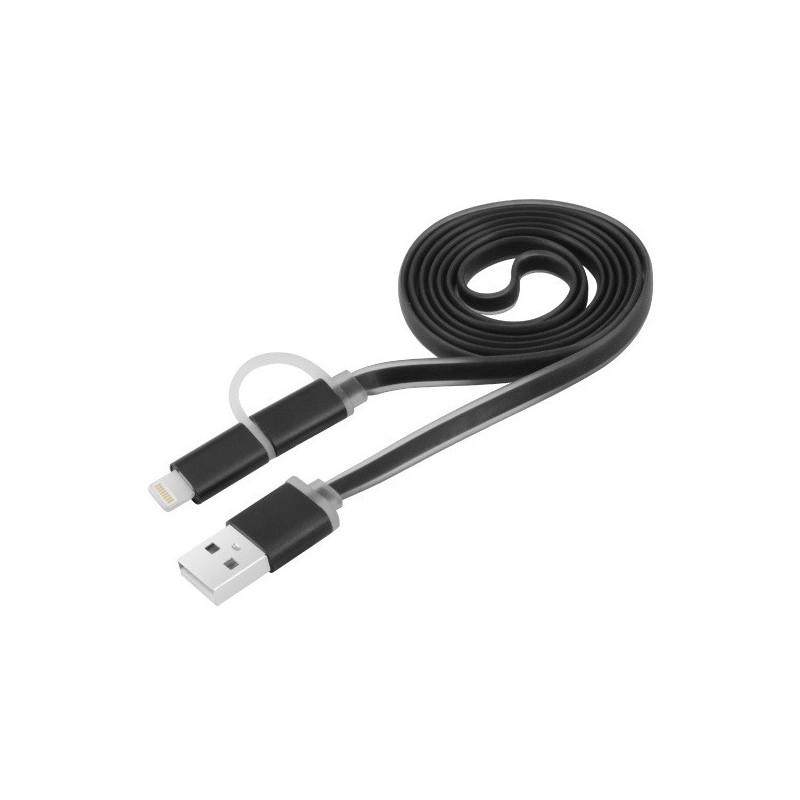 Câble plat CLiPtec LUMILUX 2 en 1 USB vers Micro-USB/Lightning / Noir
