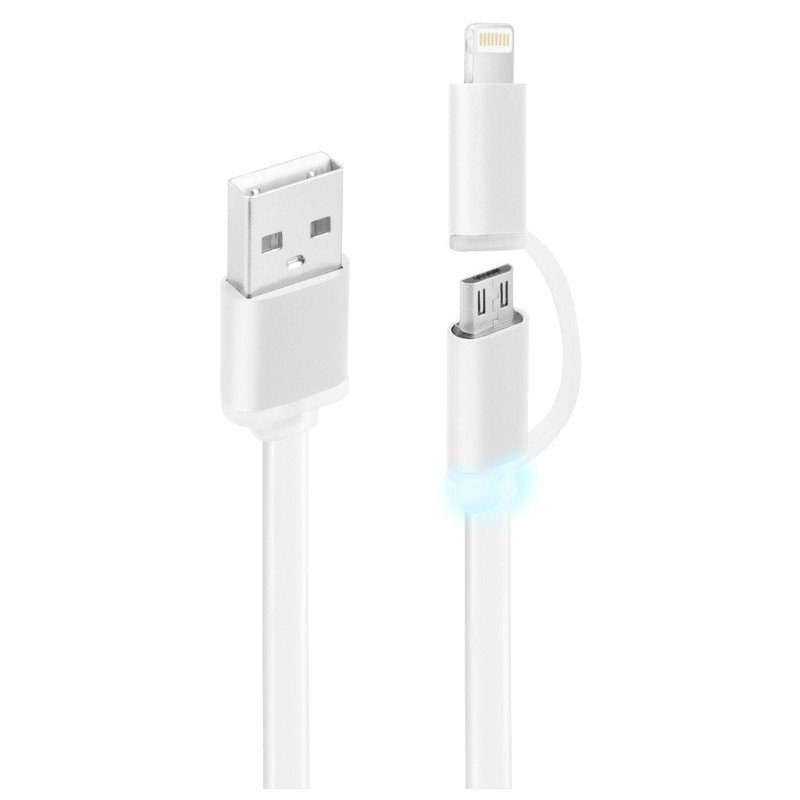 Câble plat CLiPtec LUMILUX 2 en 1 USB vers Micro-USB/Lightning / Blanc