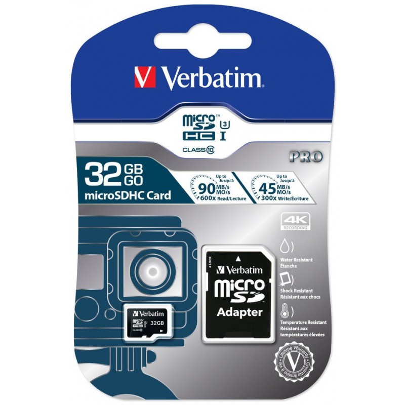Carte Mémoire Verbatim Pro U3 Micro SDHC 64 Go Class 10 avec Adaptateur
