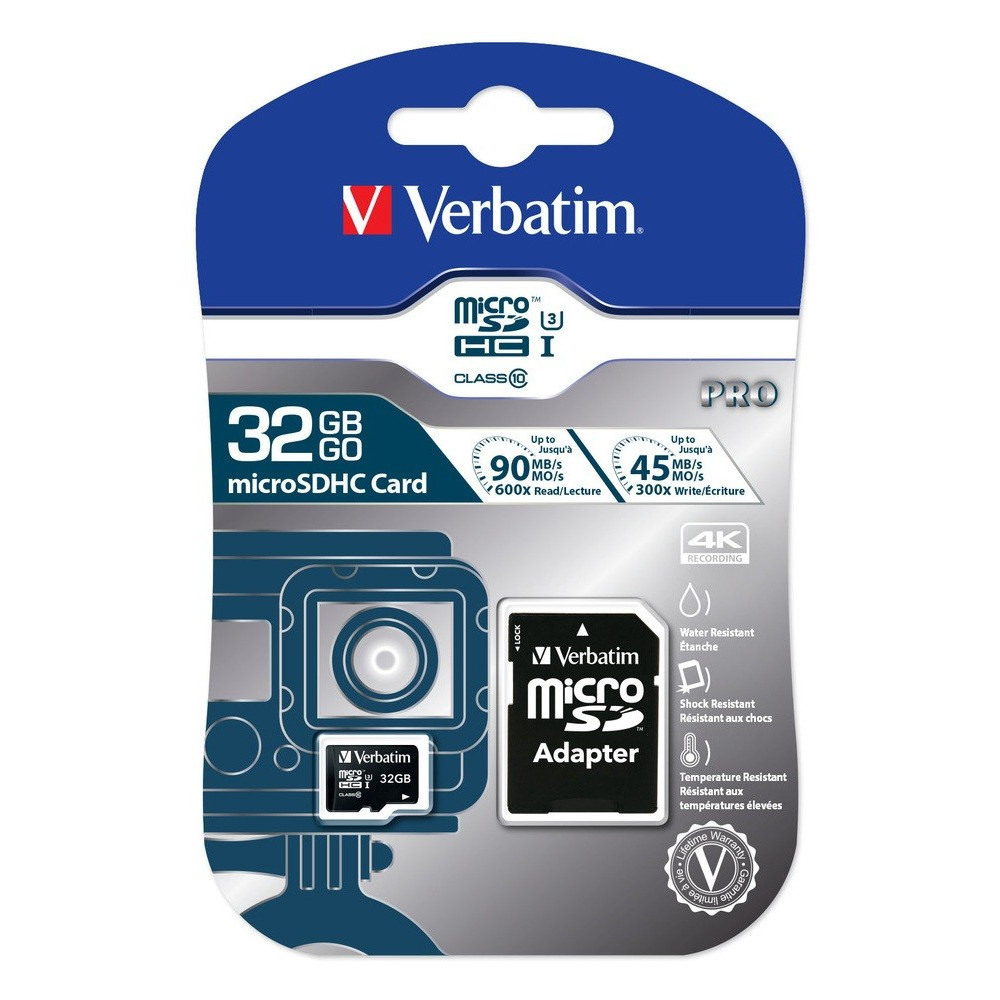 Carte Mémoire Verbatim Pro U3 Micro SDHC 64 Go Class 10 avec Adaptateur