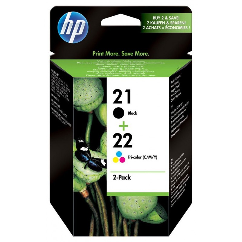 Lot de 2 cartouches d'encre authentiques HP 21 Noir / HP 22 trois couleurs