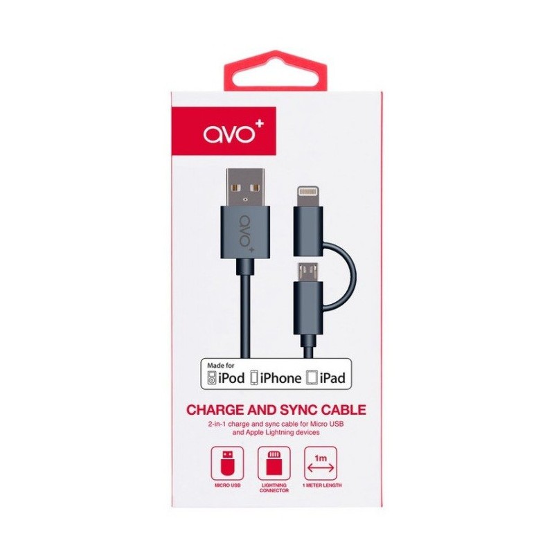 Câble Avo+ 2 en 1 USB vers Micro-USB/Lightning / Noir