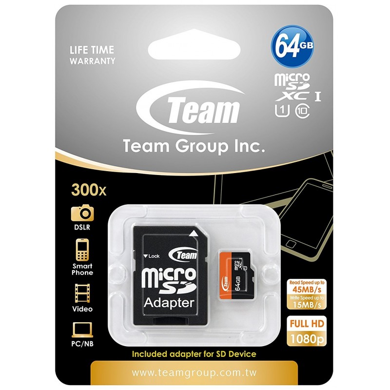 CARTE MÉMOIRE TEAM MICRO SDXC 64 GO CLASS 10 AVEC ADAPTATEUR