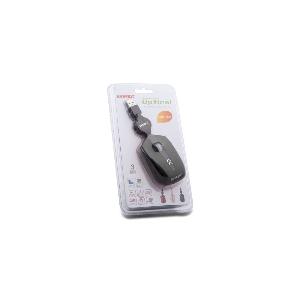 Mini Souris USB Everest avec câble rétractable SM-421 / Noir