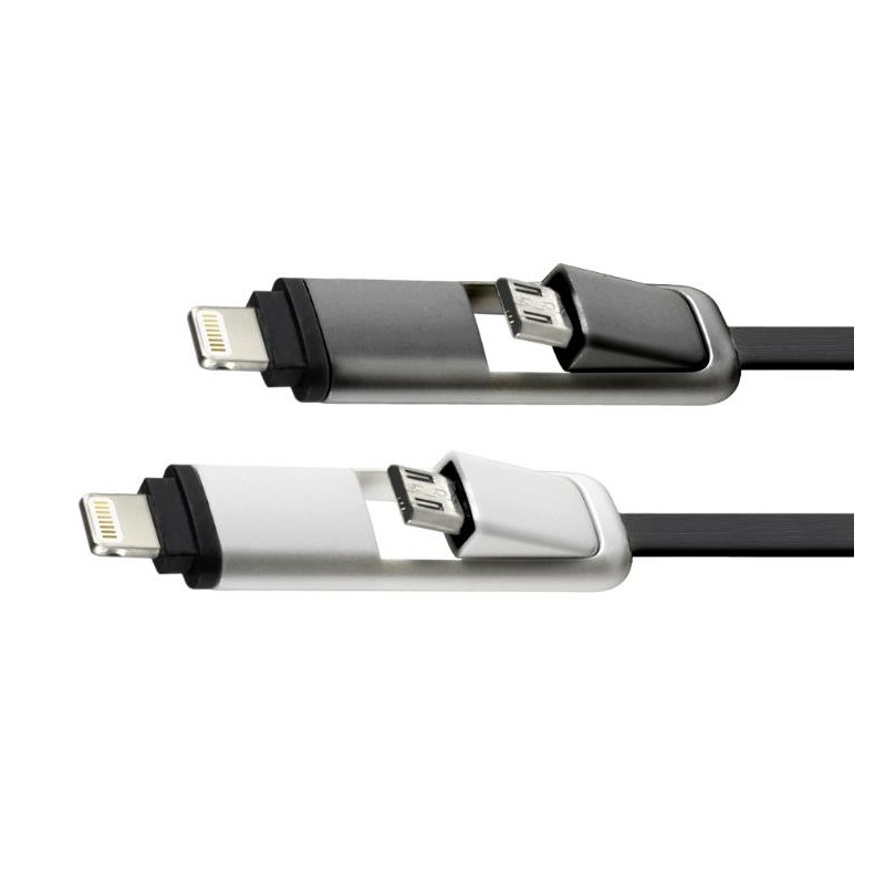 Câble plat CLiPtec DUAL MODE 2 en 1 USB vers Micro-USB/Lightning / Noir