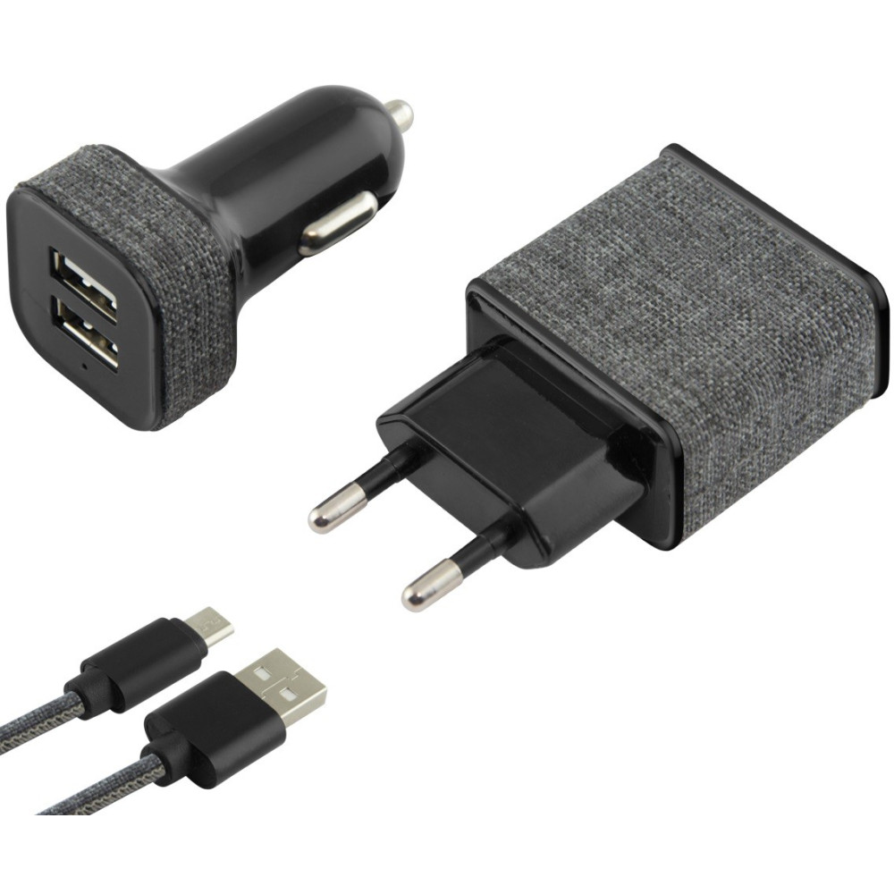 Chargeur Secteur 2.4A + Chargeur ALlume Cigare 2.1A + Câble USB Vers Micro USB