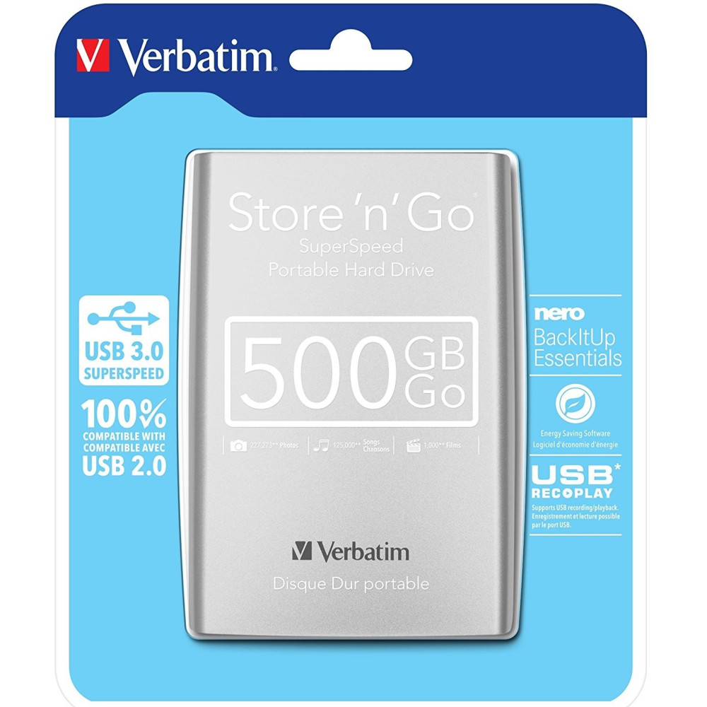 Disque Dur externe Verbatim Store'n' Go USB 3.0 / 500 Go / Silver